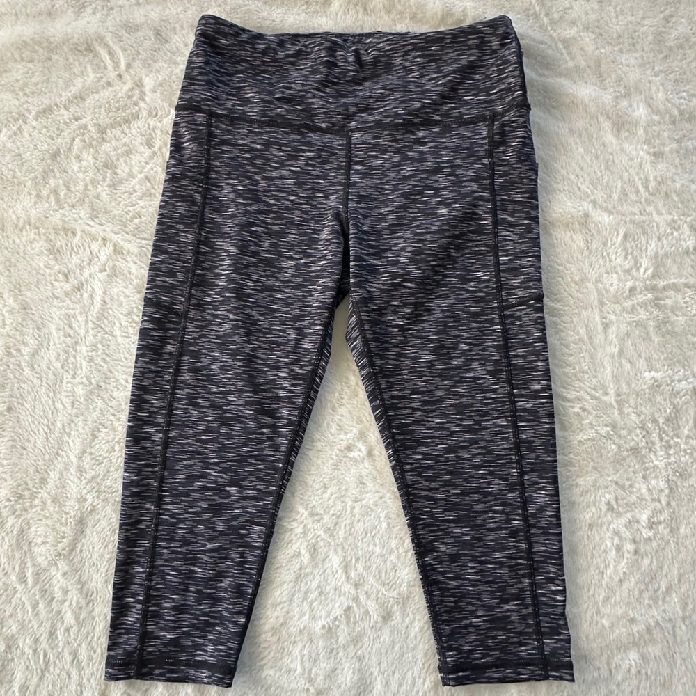 Fengbay Womens Space Dye Capri Leggings Black White High Waist Pockets Size XL